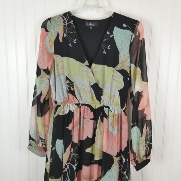 Lulu's Black and Pink Wrap Maxi Dress with Bishop Sleeves - Picture 5 of 10